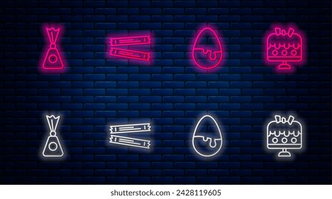 Set line Sugar stick packets, Chocolate egg, Candy and Cake on plate. Glowing neon icon on brick wall. Vector