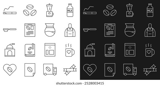 Set line Sugar stick packets, Coffee cup and heart, Barista, Electric coffee grinder, Newspaper, filter holder, Cigarette and Pour over maker icon. Vector