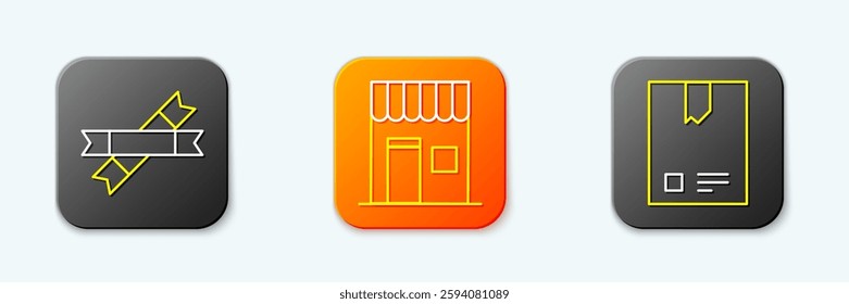 Set line Sugar stick packets, Coffee shop and Bag coffee beans icon. Vector