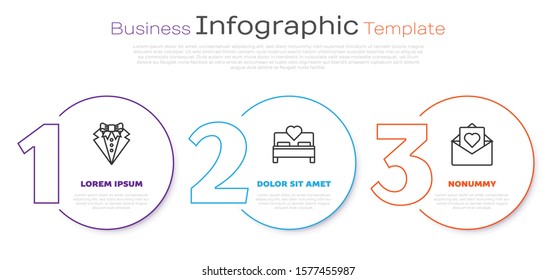 Set line Suit, Bedroom and Envelope with Valentine heart. Business infographic template. Vector