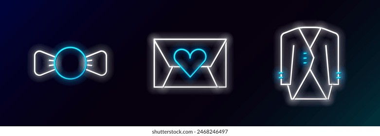 Set line Suit, Bow tie and Envelope with Valentine heart icon. Glowing neon. Vector