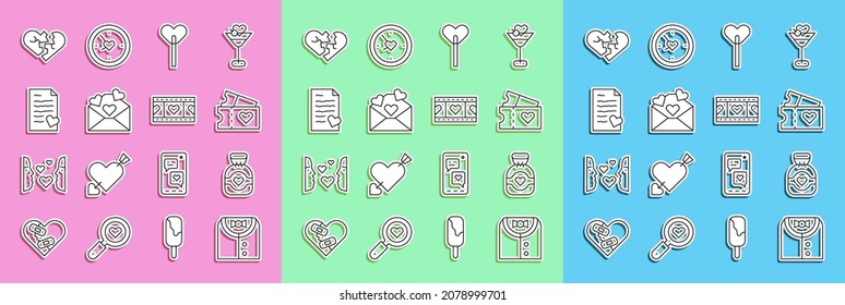 Set line Suit, Chocolate candy, Love ticket, Lollipop, Envelope with Valentine heart, Broken or divorce and Play Video icon. Vector