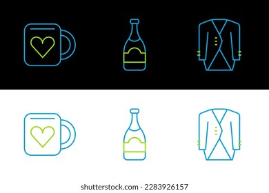 Set line Suit, Coffee cup and heart and Champagne bottle icon. Vector