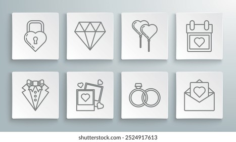 Set line Suit, Diamond, Two blanks photo frames and hearts, Wedding rings, Envelope with Valentine, Balloons form of ribbon, Calendar and Castle the shape icon. Vector