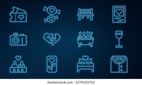 Set line Suit, Wine glass, Romantic bench, Broken heart or divorce, Photo camera, Love ticket, bathroom and Candy icon. Vector