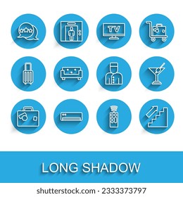 Set line Suitcase, Air conditioner, Five stars rating review, Remote control, Stairs up, Sofa, Martini glass and Concierge icon. Vector