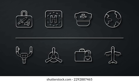 Set line Suitcase, Aircraft steering helm, Worldwide, Plane propeller, Helicopter landing pad,  and Pilot hat icon. Vector