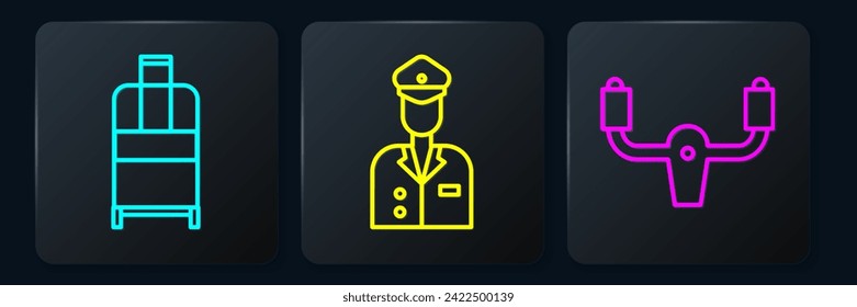 Set line Suitcase, Aircraft steering helm and Pilot. Black square button. Vector