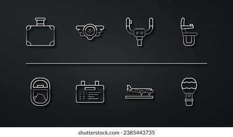 Marca la maleta de la línea, la ventana del avión, el asiento, el avión, la placa del aeropuerto, el emblema de aviación, el globo aerostático y el icono del casco de dirección de la aeronave. Vector