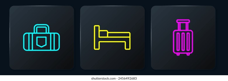 Set line Suitcase,  and Bed. Black square button. Vector