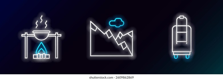Set line Suitcase, Campfire and pot and Mountains icon. Glowing neon. Vector