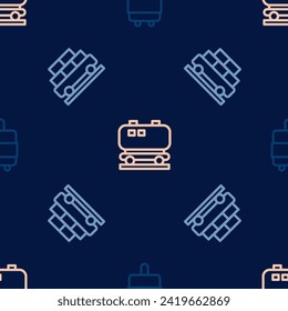 Set line Suitcase, Cargo train wagon and Oil railway cistern on seamless pattern. Vector