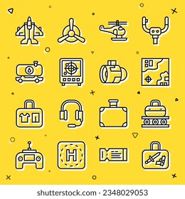 Set line Suitcase, Conveyor belt with suitcase, World travel map, Helicopter, Radar targets monitor, Fuel tanker truck, Jet fighter and engine turbine icon. Vector