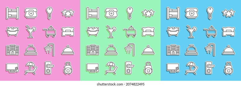 Set-Line-Koffer, Beet mit Fach des Essens, Schlafzimmer, Hoteltür-Schlüssel, Cocktail, Badewanne, Bett und Icon. Vektorgrafik