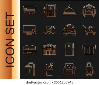 Set line Suitcase, Credit card, Trolley suitcase, Covered with tray of food, Swimming pool, Smart Tv, Air conditioner and Taxi icon. Vector