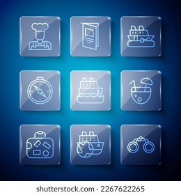 Set line Suitcase, Cruise ship, Binoculars, Compass, Cook and Coconut cocktail icon. Vector