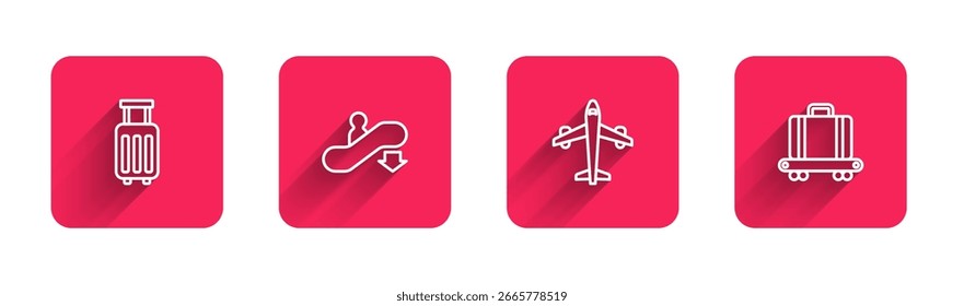Set line Maleta, Escalera mecánica abajo, Avión y cinta transportadora con maleta con sombra larga. Botón cuadrado rojo. Vector