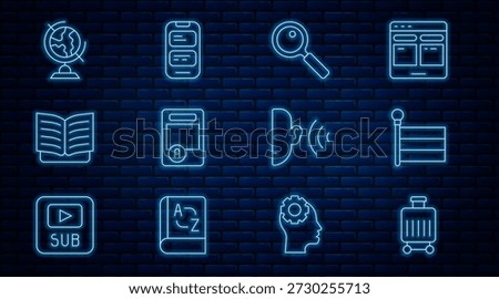 Set line Suitcase, Flag, Magnifying glass, Exam sheet with A plus grade, Open book, Earth globe, listen sound signal and Online translator icon. Vector