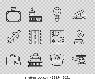 Set line Suitcase, Helicopter, Hot air balloon, Conveyor belt with suitcase, Airport runway, Pilot hat and Radar icon. Vector