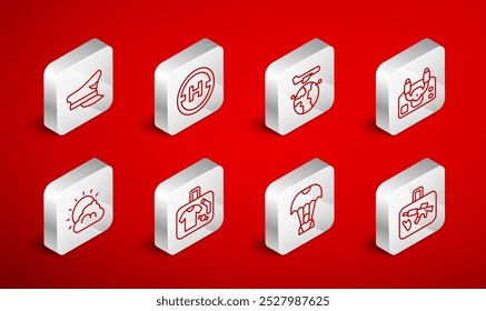 Set line Suitcase, Helicopter landing pad, Globe with flying plane, Aircraft steering helm, Parachute, Pilot hat,  and Sun cloud weather icon. Vector