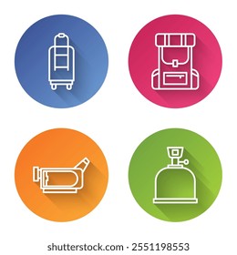 Set line Suitcase, Hiking backpack, Cinema camera and Camping gas stove. Color circle button. Vector