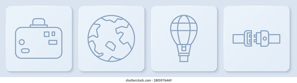 Set line Suitcase, Hot air balloon, Worldwide and Safety belt. White square button. Vector