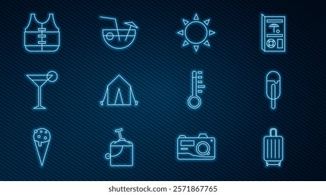Set line Suitcase, Ice cream, Sun, Tourist tent, Martini glass, Life jacket, Meteorology thermometer and Coconut cocktail icon. Vector