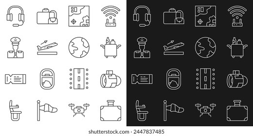 Set line Suitcase, Jet engine turbine, Trolley for food, World travel map, Plane takeoff, Pilot, Headphones with microphone and Worldwide icon. Vector