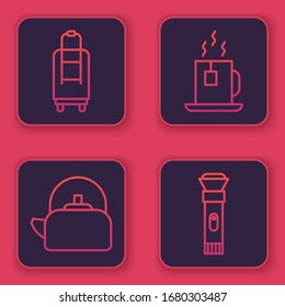 Set line Suitcase, Kettle with handle, Cup of tea with tea bag and Flashlight. Blue square button. Vector