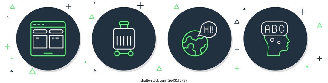 Set line Suitcase, Learning foreign languages, Online translator and  icon. Vector