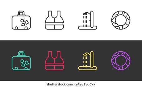 Set line Suitcase, Life jacket, Beach shower and Rubber swimming ring on black and white. Vector