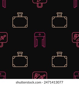 Set line Suitcase,  and Metal detector in airport on seamless pattern. Vector