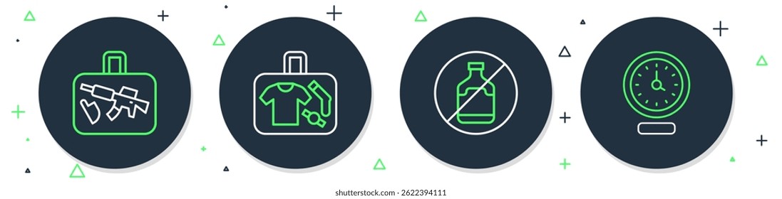 Set line Suitcase, No alcohol,  and Clock icon. Vector