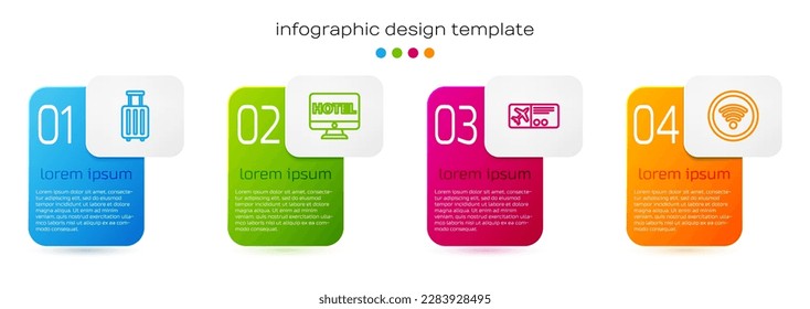 Set line Suitcase, Online hotel booking, Airline ticket and Wi-Fi wireless internet network. Business infographic template. Vector