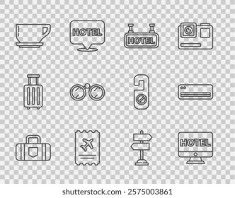 Set line Suitcase, Online hotel booking, Signboard with text Hotel, Airline ticket, Coffee cup, Binoculars, Road traffic sign and conditioner icon. Vector