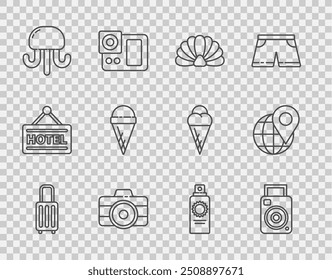 Set line Suitcase, Photo camera, Scallop sea shell, Jellyfish, Ice cream in waffle cone, Sunscreen spray bottle and Location the globe icon. Vector