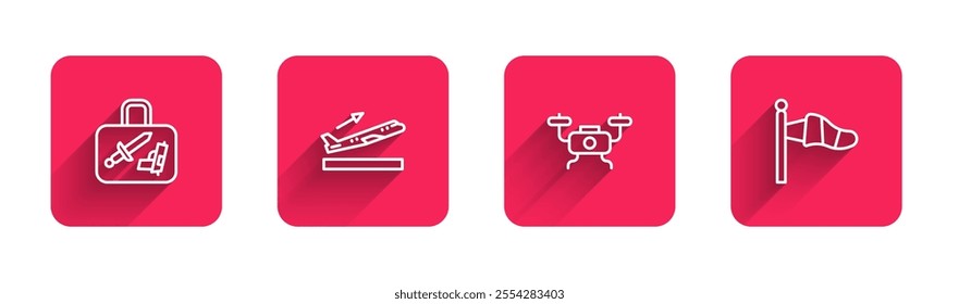 Set line Suitcase, Plane takeoff, Drone flying and Cone meteorology windsock with long shadow. Red square button. Vector