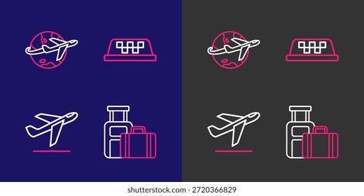 Set line Maleta, despegue de avión, techo de coche de taxi y Globo con icono de avión volador. Vector
