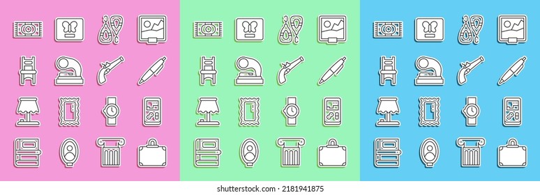 Set line Suitcase, Portable video game console, Pen, Earrings, Old gramophone, Chair, Classic carpet and Vintage pistol icon. Vector