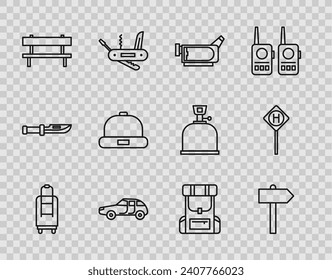 Set line Suitcase, Road Traffic Signpost, Cinema Camera, Car, Bench, Beanie hat, Hiking backpack e icon. Vector