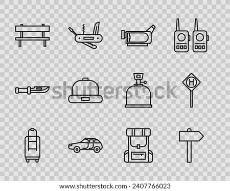 Set line Suitcase, Road traffic signpost, Cinema camera, Car, Bench, Beanie hat, Hiking backpack and Parking icon. Vector