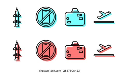 Set line Suitcase, Rocket, No cell phone and Plane takeoff icon. Vector