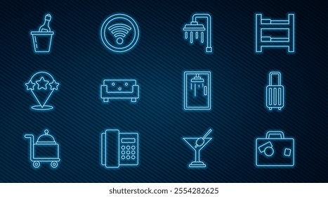 Set line Suitcase, Shower, Sofa, Five stars rating review, Champagne an ice bucket, cabin and Wi-Fi wireless icon. Vector