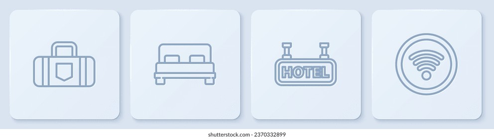 Set line Suitcase, Signboard with text Hotel, Big bed and Wi-Fi wireless internet network. White square button. Vector
