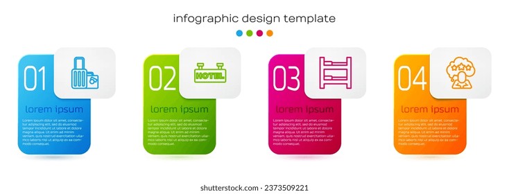 Set line Suitcase, Signboard with text Hotel, room bed and Five stars rating review. Business infographic template. Vector