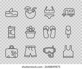 Set line Suitcase, T-shirt sem mangas, Traje de banho, Troncos de natação, Shark fin oceano onda, Balde de gelo, Máscara de mergulho e ícone de creme. Vetor