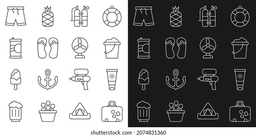 Fijar línea maleta, crema de pantalla solar en tubo, cubo de arena, Aqualung, sandalias, lata de arena, porras de baño e icono de ventilador eléctrico. Vector