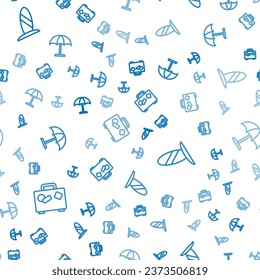 Set line Suitcase, Surfboard and Sun protective umbrella on seamless pattern. Vector