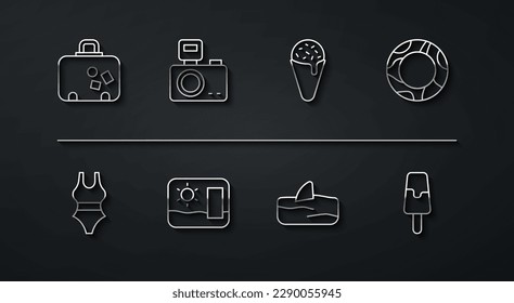 Set line Suitcase, Swimsuit, Rubber swimming ring, Shark fin ocean wave, Travel postcard, Photo camera with flash, Ice cream and waffle cone icon. Vector