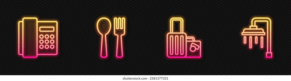 Set line Suitcase, Telephone handset, Fork spoon and Shower. Glowing neon icon. Vector